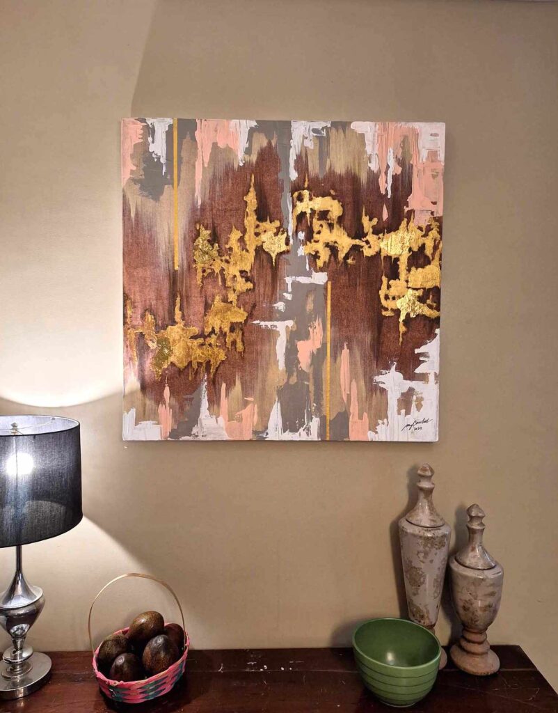 abstact painting with gold leaf, with image of the face of jesus